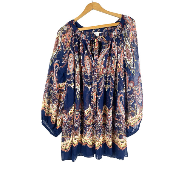 Cato Tunic Top 26/28W 4X 5X Peasant Chiffon Semi Sheer Blue Paisley Boho Artsy - Picture 1 of 16